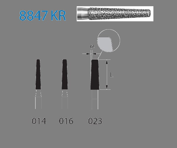 8847KR.314.016  KOMET FRESA DIAMANTE CONICA BORDE REDONDEADO TURBINA ø 016 GRANO FINO 5 ud.