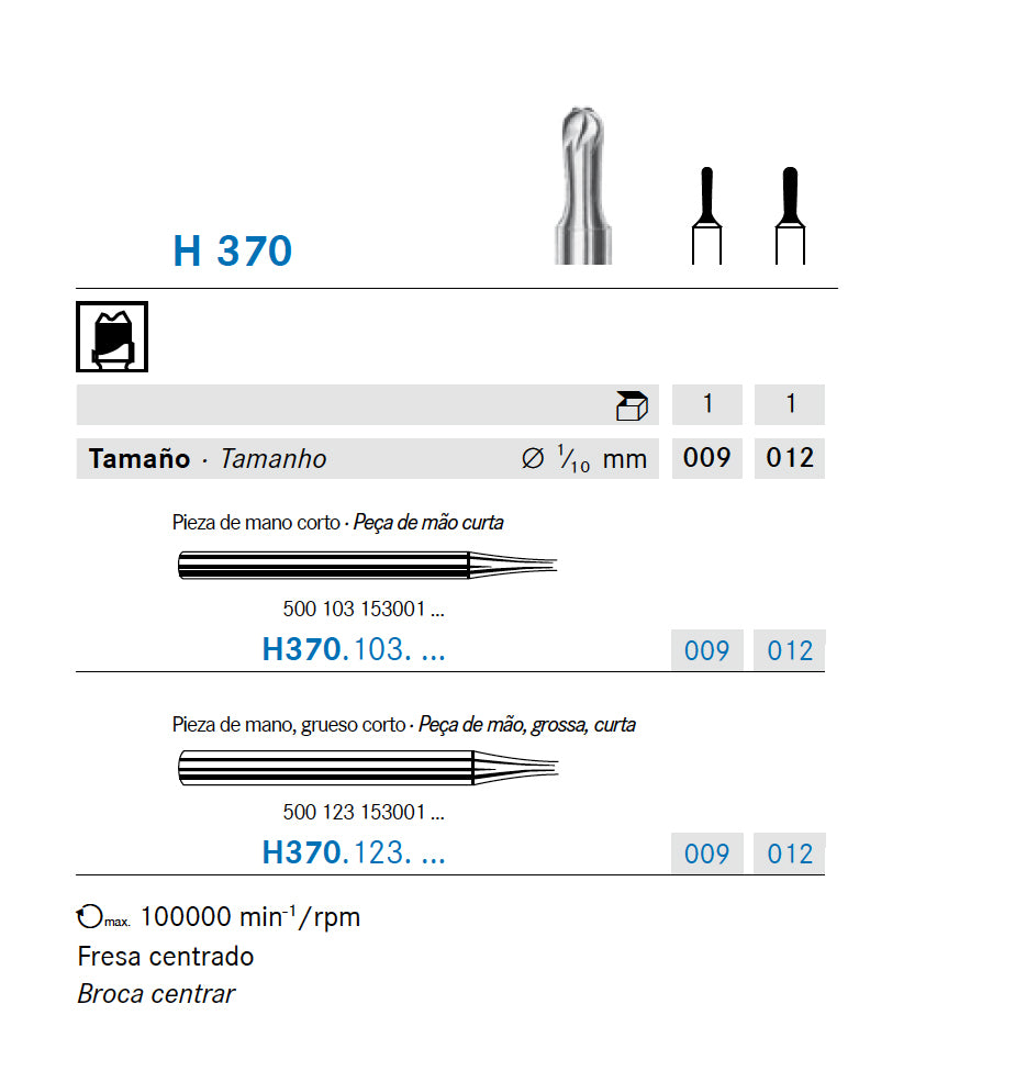 H370.103.009 KOMET FRESA C. TUNGSTENO PUNTA REDONDA PIEZA DE MANO CORTO ø 009 - 1uds