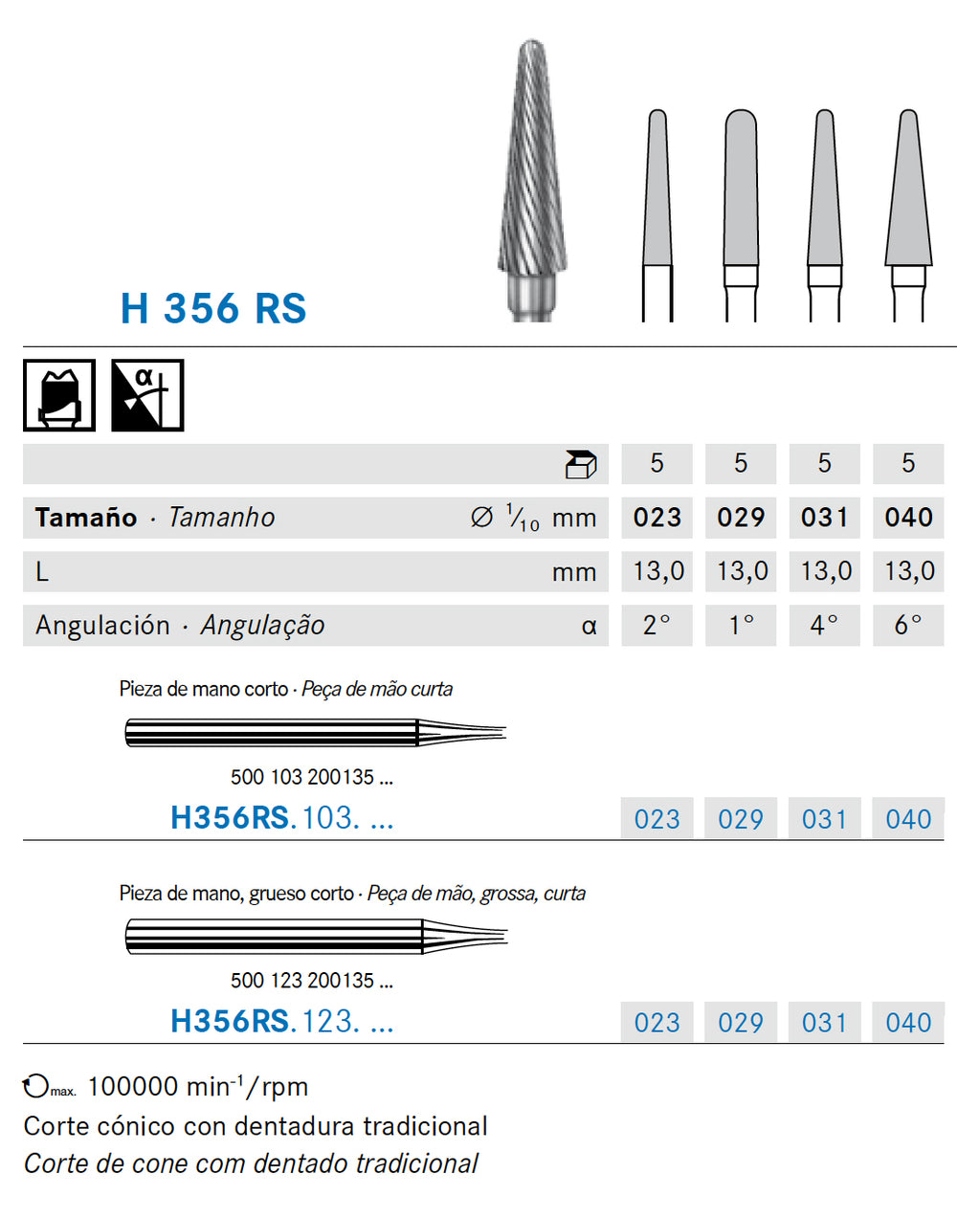 H356RS.103.031 KOMET FRESA C. TUNGSTENO CONICA REDONDEADA PIEZA DE MANO CORTO ø 031 - 1uds