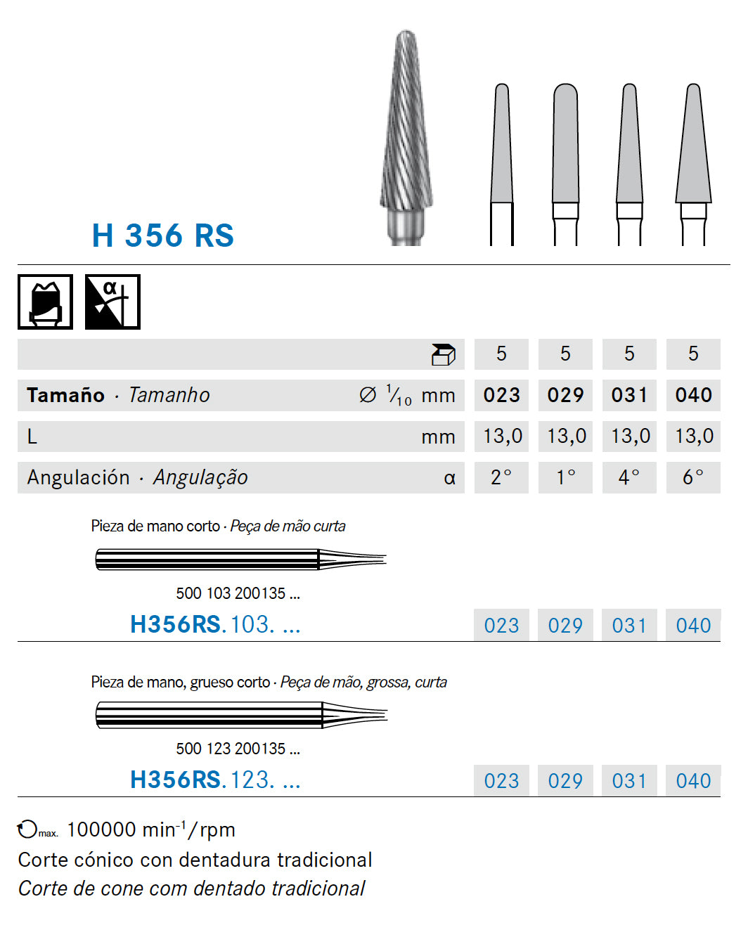 H356RS.103.031 KOMET FRESA C. TUNGSTENO CONICA REDONDEADA PIEZA DE MANO CORTO ø 031 - 1uds