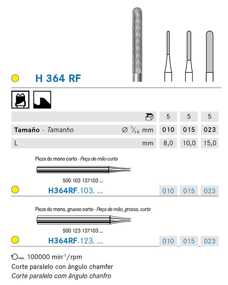 H364RF.103.023 KOMET FRESA C. TUNGSTENO CILINDRICA REDONDEADA PIEZA DE MANO CORTO ø 023 - 1uds