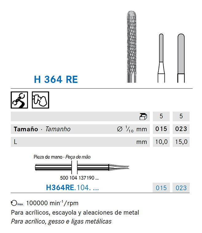 H364RE.123.010 KOMET TUNGSTEN CYLINDRICAL ROUNDED HANDPIECE SHORT COARSE ø 010 - 1 unit