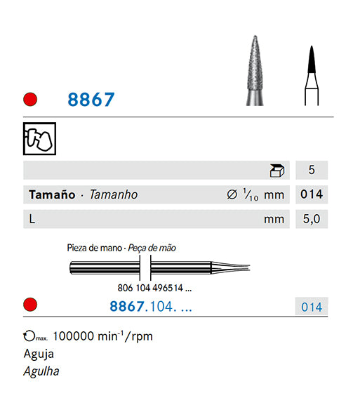 8867.104.014 KOMET FRESA DIAMANTE AGUJA PIEZA DE MANO ø 014 - 5uds