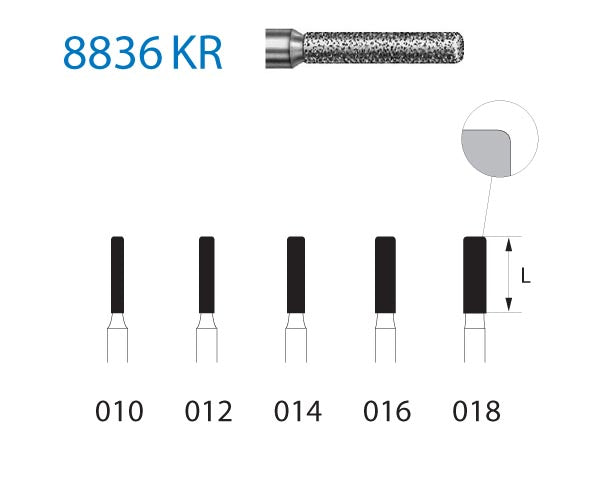 8836KR.314.010  KOMET FRESA DIAMANTE CILINDRICA BORDE REDONDEADO TURBINA ø 010 GRANO FINO 5 ud.