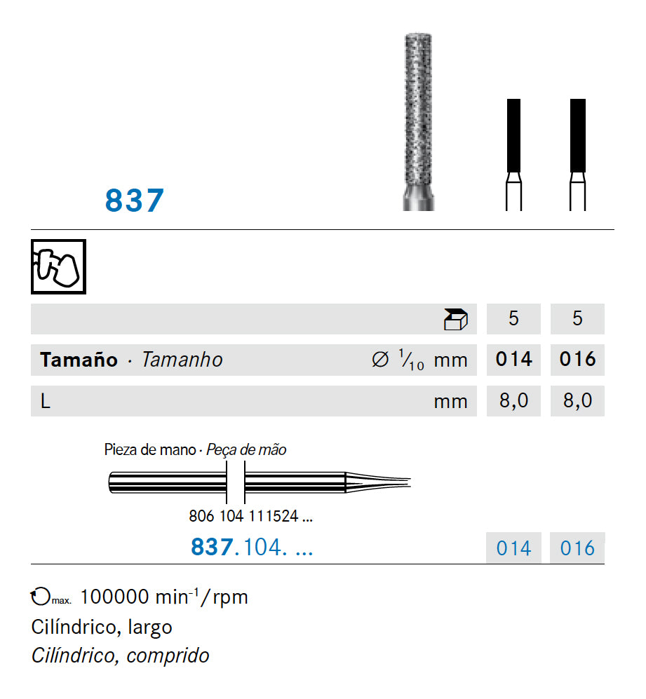837.104.014 KOMET FRESA DIAMANTE CILINDRICA PIEZA DE MANO ø 014 - 5uds