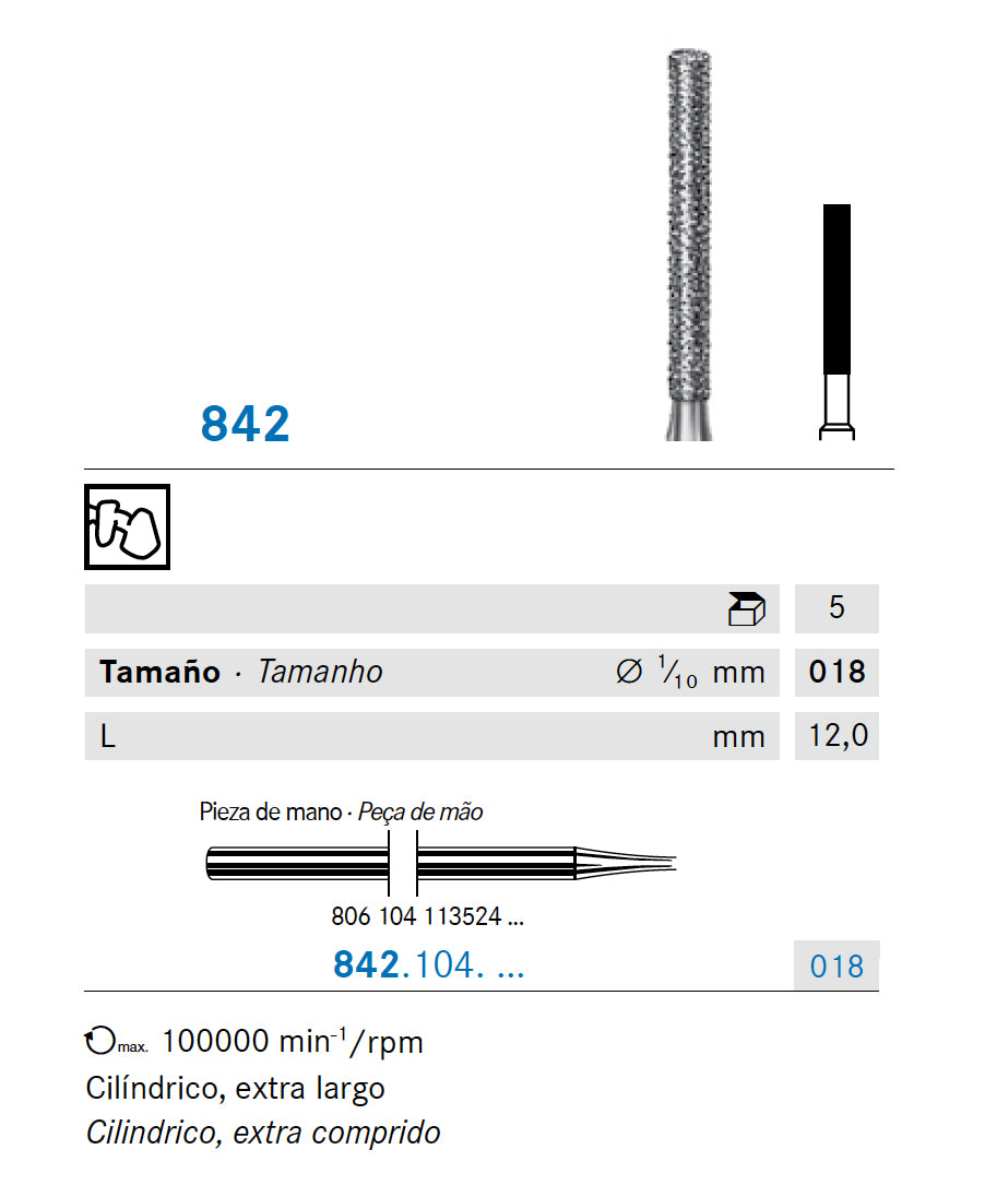 842.104.018 KOMET FRESA DIAMANTE CILINDRICA PIEZA DE MANO ø 018 - 5uds
