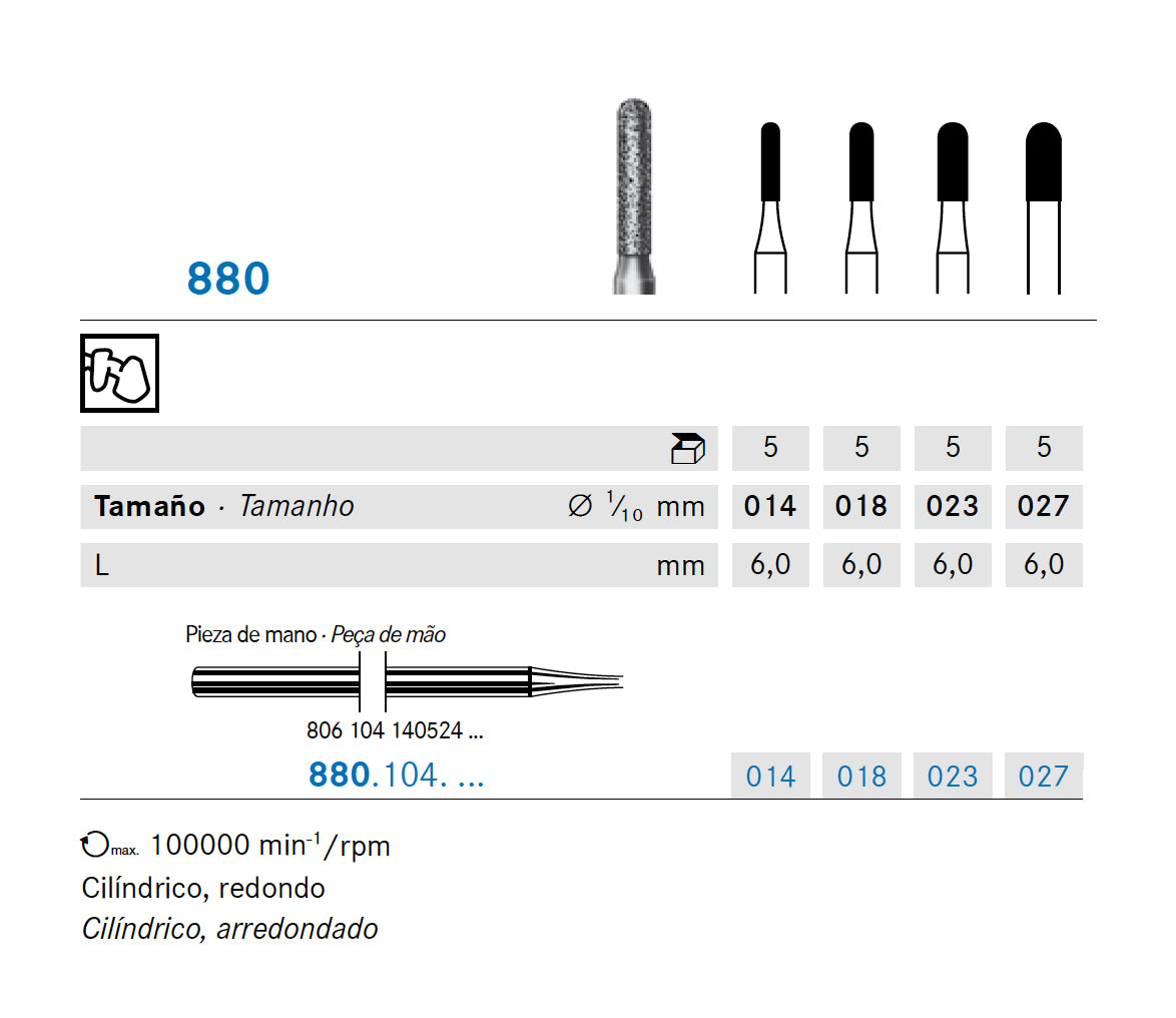 880.104.014 KOMET FRESA DIAMANTE CILINDRICA REDONDEADA PIEZA DE MANO ø 014 - 5uds