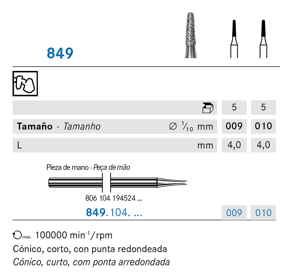 849.104.009 KOMET FRESA DIAMANTE CONICA REDONDEADA PIEZA DE MANO ø 009 - 5uds