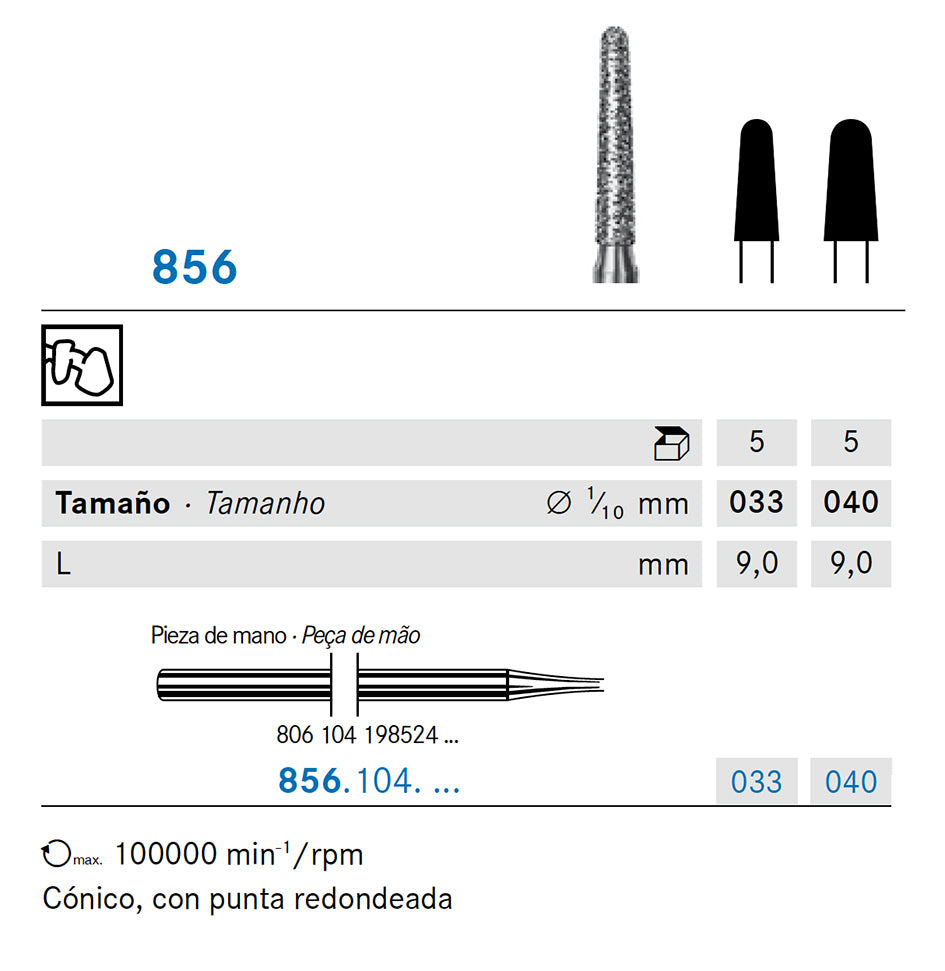 856.104.040 KOMET FRESA DIAMANTE CONICA REDONDEADA PIEZA DE MANO ø 040 - 1uds