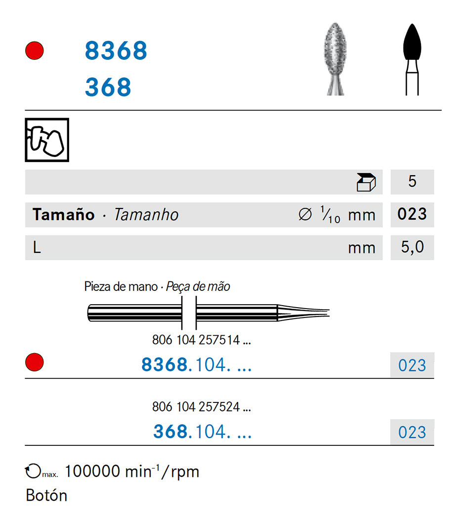 8368.104.023 KOMET FRESA DIAMANTE BELLOTA PIEZA DE MANO ø 023 - 5uds