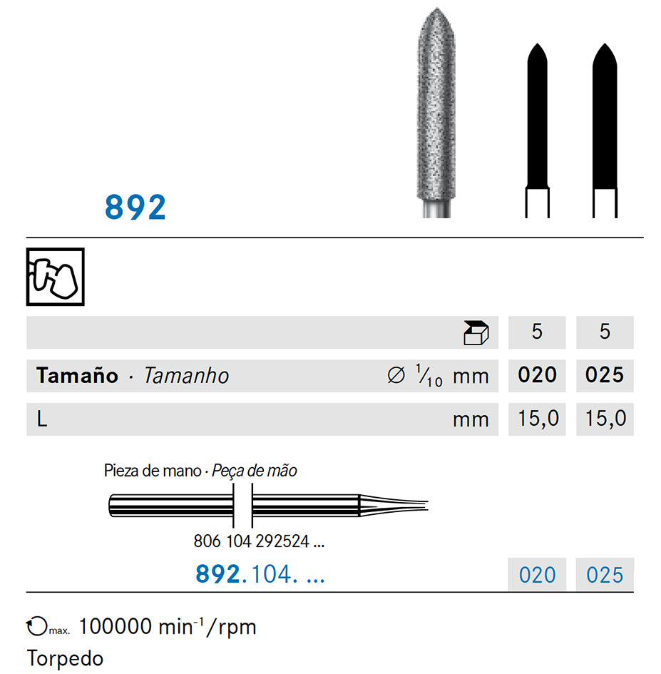 892.104.020 KOMET MADUIXA DIAMANT TORPED PEÇA DE MÀ ø 020 - 5uds