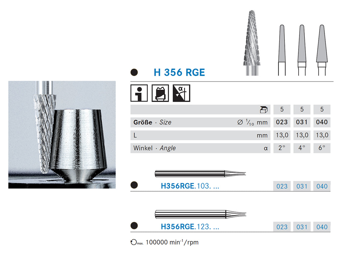 H356RGE.103.031 KOMET FRESA C. TUNGSTENO CONICA REDONDEADA PIEZA DE MANO CORTO ø 031 - 1uds