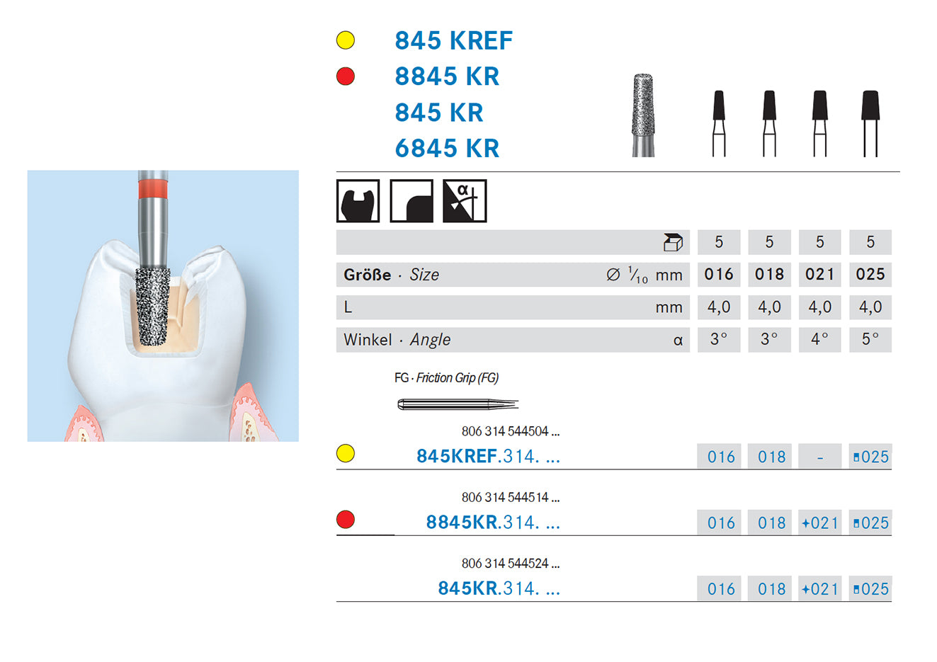 6845KR.314.018  KOMET FRESA DIAMANTE CONICA BORDE REDONDEADO TURBINA ø 018 GRANO GRUESO 5 ud.