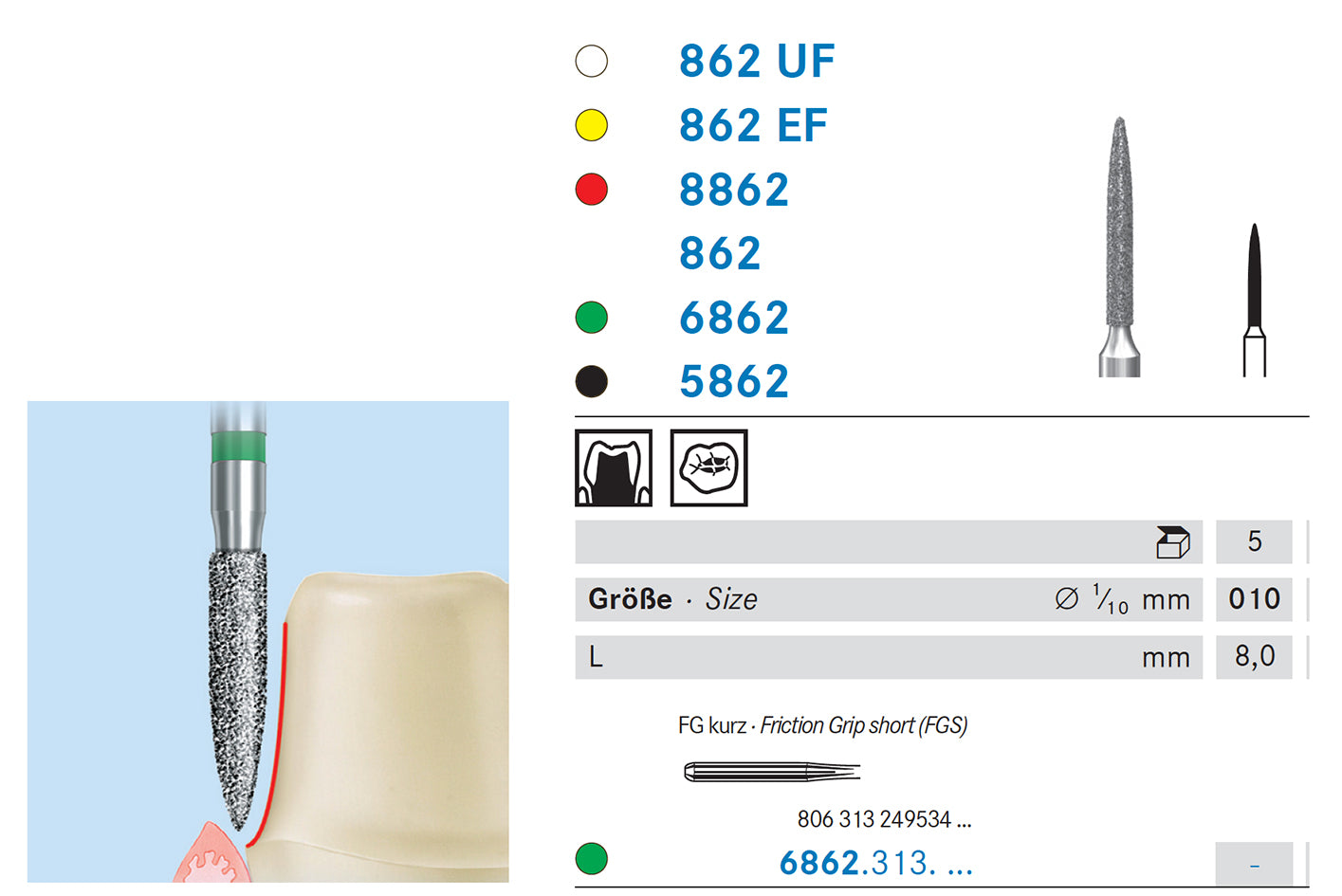 862.314.021  KOMET FRESA DIAMANTE LLAMA TURBINA ø 021 GRANO ESTANDAR 5 ud.