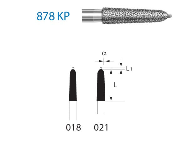 878KP.314.018  KOMET FRESA DIAMANTE TORPEDO CONICO PUNTA GUIA TURBINA ø 018 GRANO ESTANDAR 5 ud.