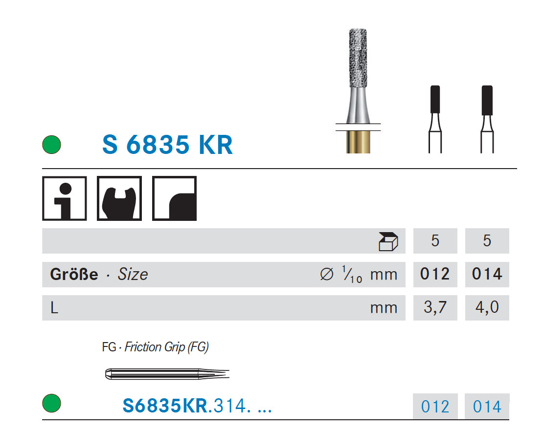 S6835KR.314.012  KOMET FRESA DIAMANTE CILINDRICA BORDE REDONDEADO TURBINA ø 012 GRANO GRUESO S 5 ud.