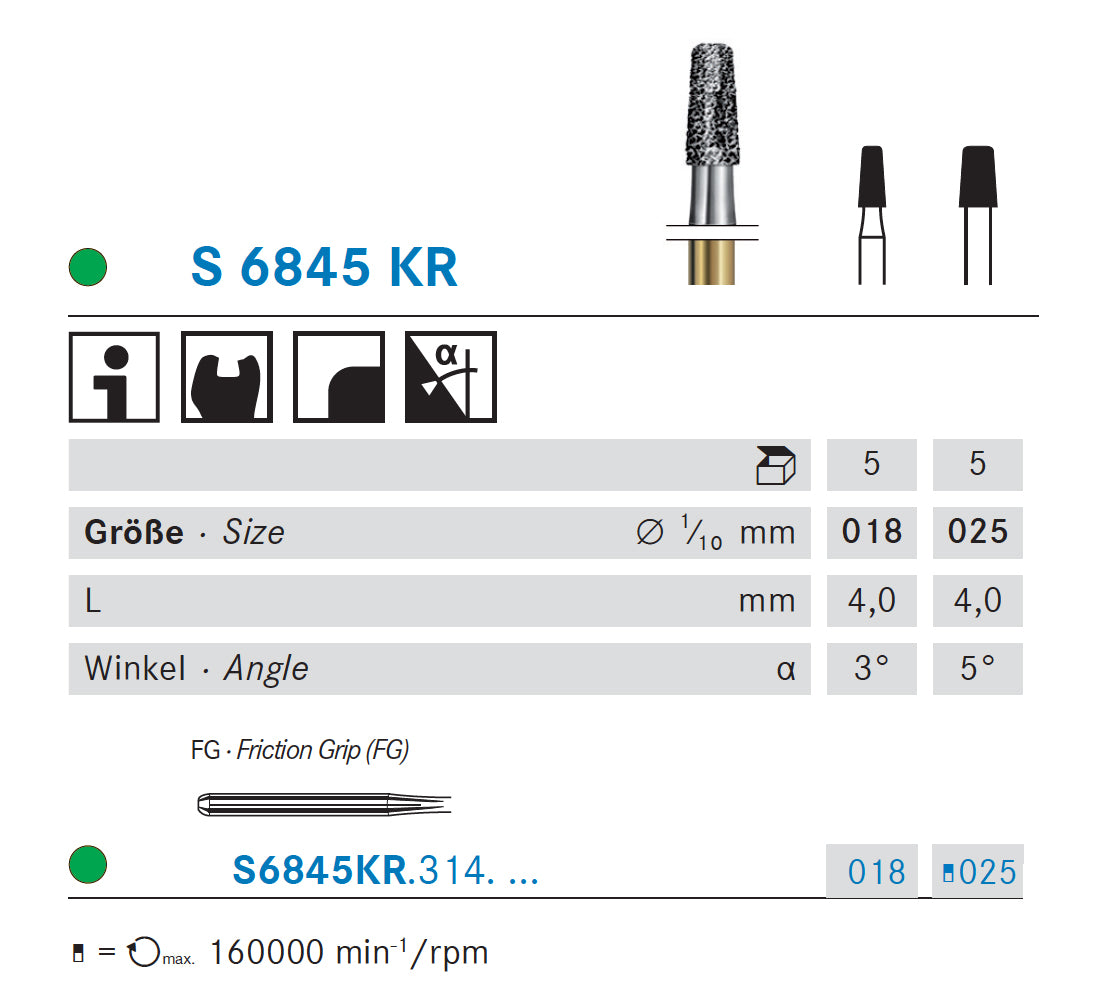 S6845KR.314.025 KOMET CONICAL DIAMOND CUTTER ROUNDED EDGE TURBINE ø 025 COARSE GRAIN S 5 units