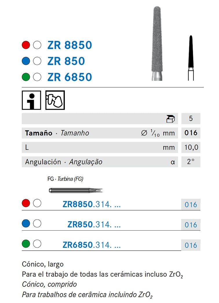ZR850.314.016 KOMET MADUIXA DIAMANT CONICA ARRODONIDA TURBINA ø 016 - 5uds