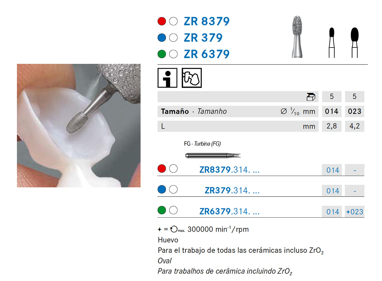ZR379.314.014 KOMET FRESA DIAMANTE HUEVO TURBINA ø 014 - 5uds