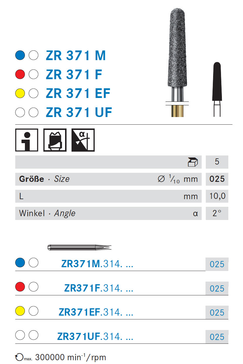 ZR371M.314.025 KOMET FRESA DIAMANTE CONICA REDONDEADA TURBINA ø 025 - 5uds