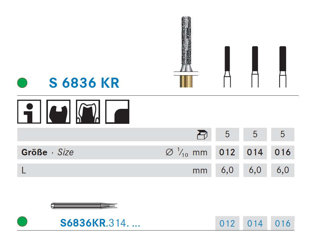 S6836KR.314.012  KOMET FRESA DIAMANTE CILINDRICA BORDE REDONDEADO TURBINA ø 012 GRANO GRUESO S 5 ud.