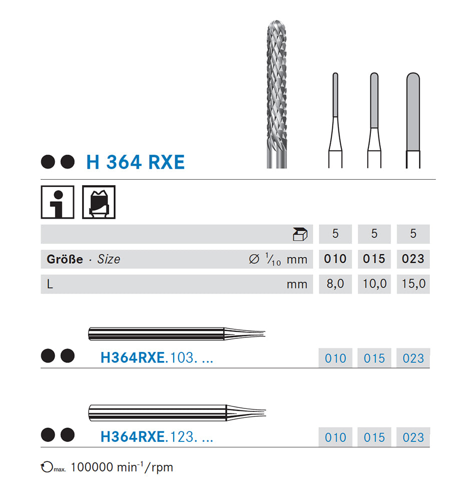 H364RXE.123.023 KOMET TUNGSTEN CYLINDRICAL ROUNDED HANDPIECE CORE SHORT ø 023 - 1 unit