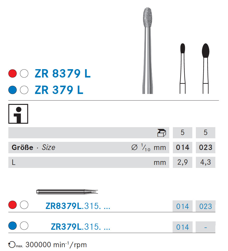 ZR379L.315.014 KOMET FRESA DIAMANTE HUEVO TURBINA LARGO ø 014 - 5uds