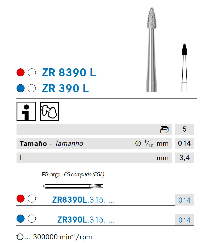 ZR390L.315.014 KOMET DIAMOND MILLING CUTTER GRANADA TURBINE LONG ø 014 - 5 units