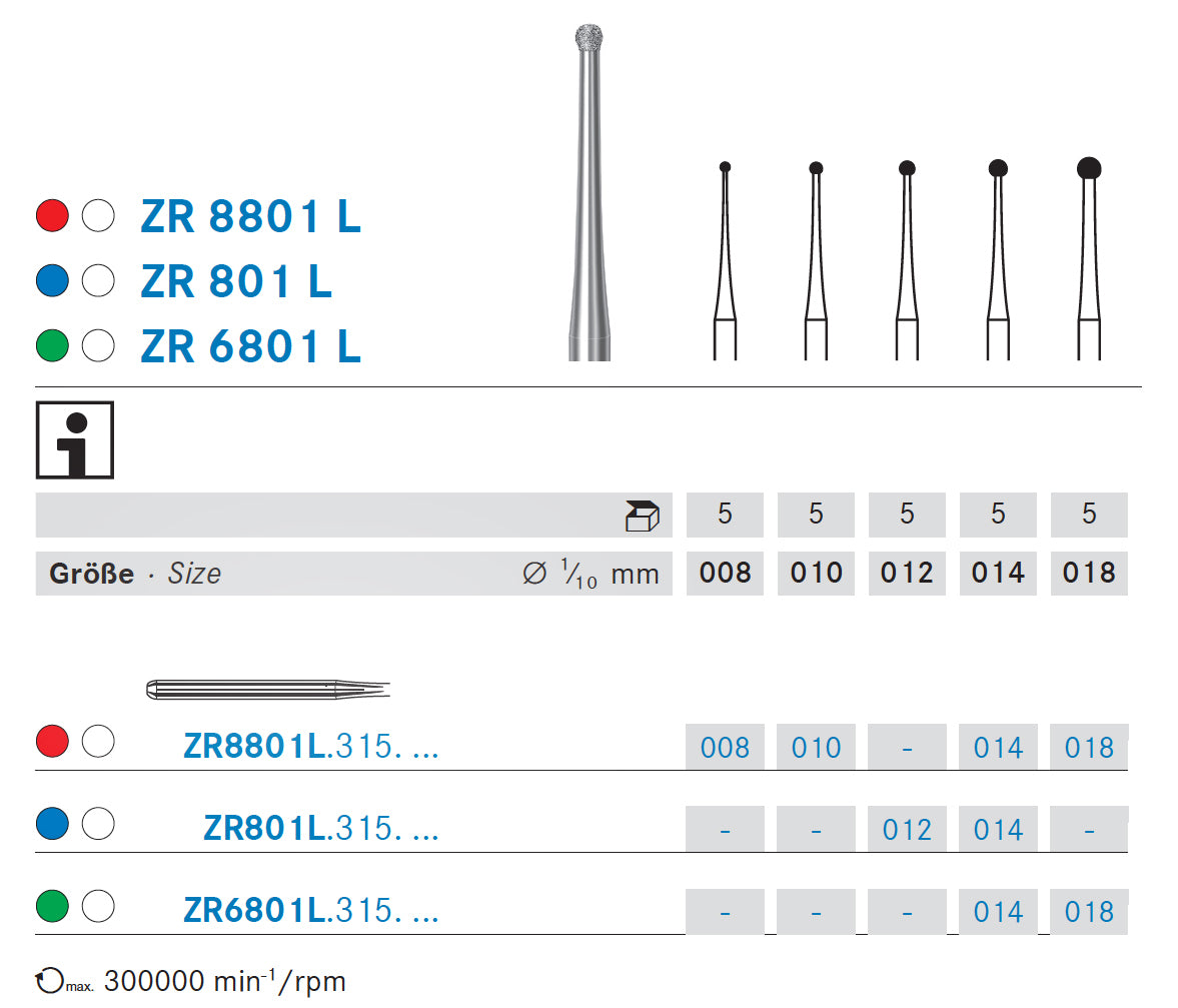 ZR6801L.315.018 KOMET ROUND DIAMOND TURBINE CUTTER LONG ø 018 - 5pcs