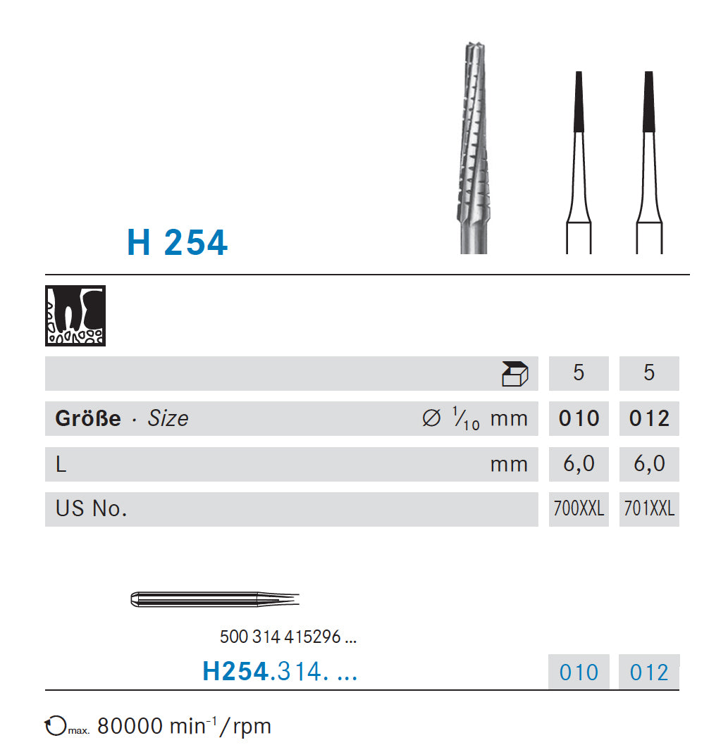 H254.316.010  KOMET FRESA C. TUNGSTENO CONICA TURBINA XLARGO ø 010  5 ud.