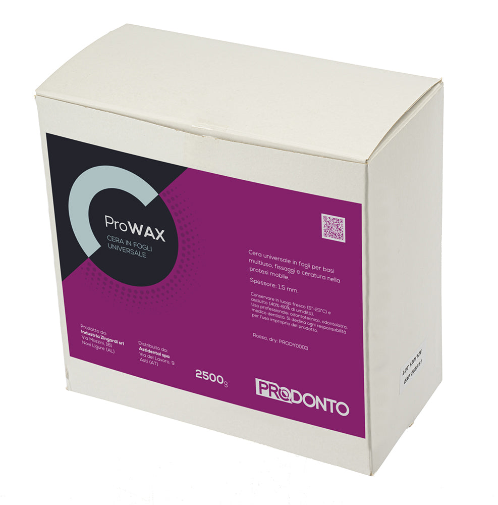 Universal wax sheets. Multipurpose, for bases, fixations, and waxing of removable prostheses. Thickness: 1.5 mm. Red. Container: 2500 g.