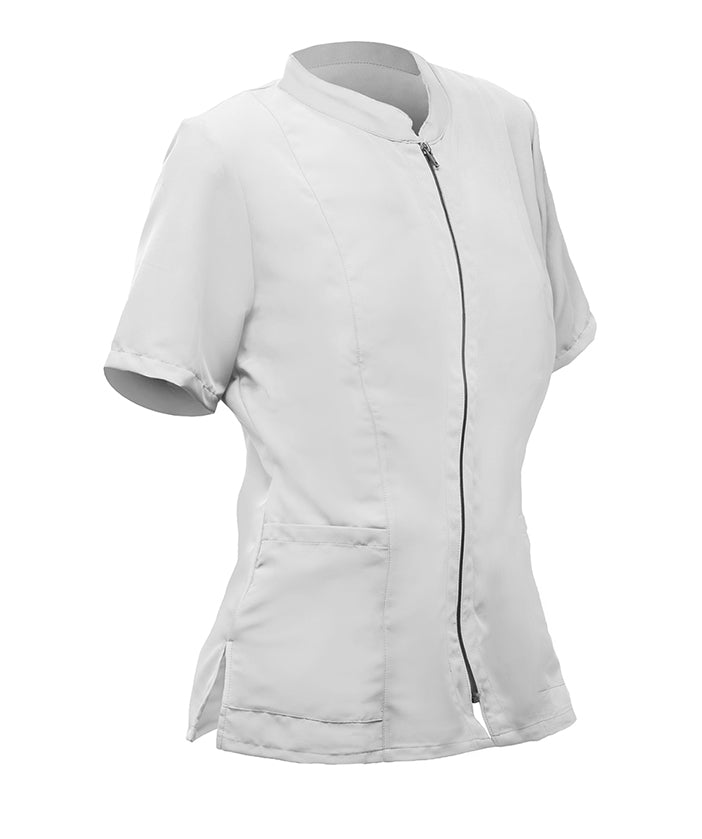 Women's white short-sleeved zip-up jacket with pocket and collar, XXL