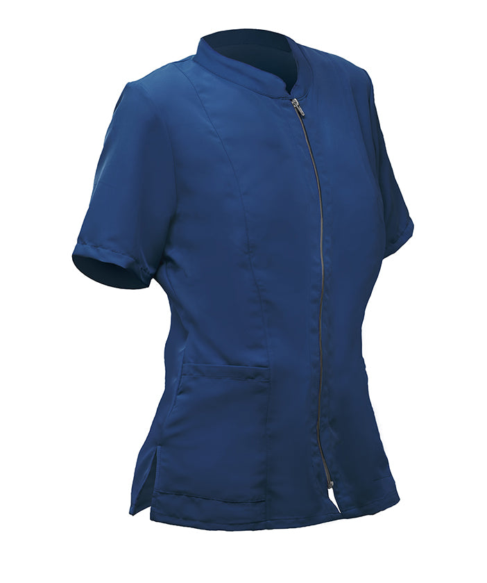 Women's blue short-sleeved zip-up jacket with pocket and collar, XXL
