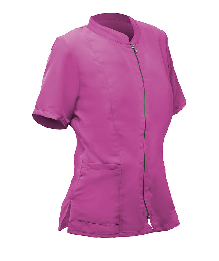 Women's fuchsia short-sleeved jacket with zipper, pocket, and collar, XXL